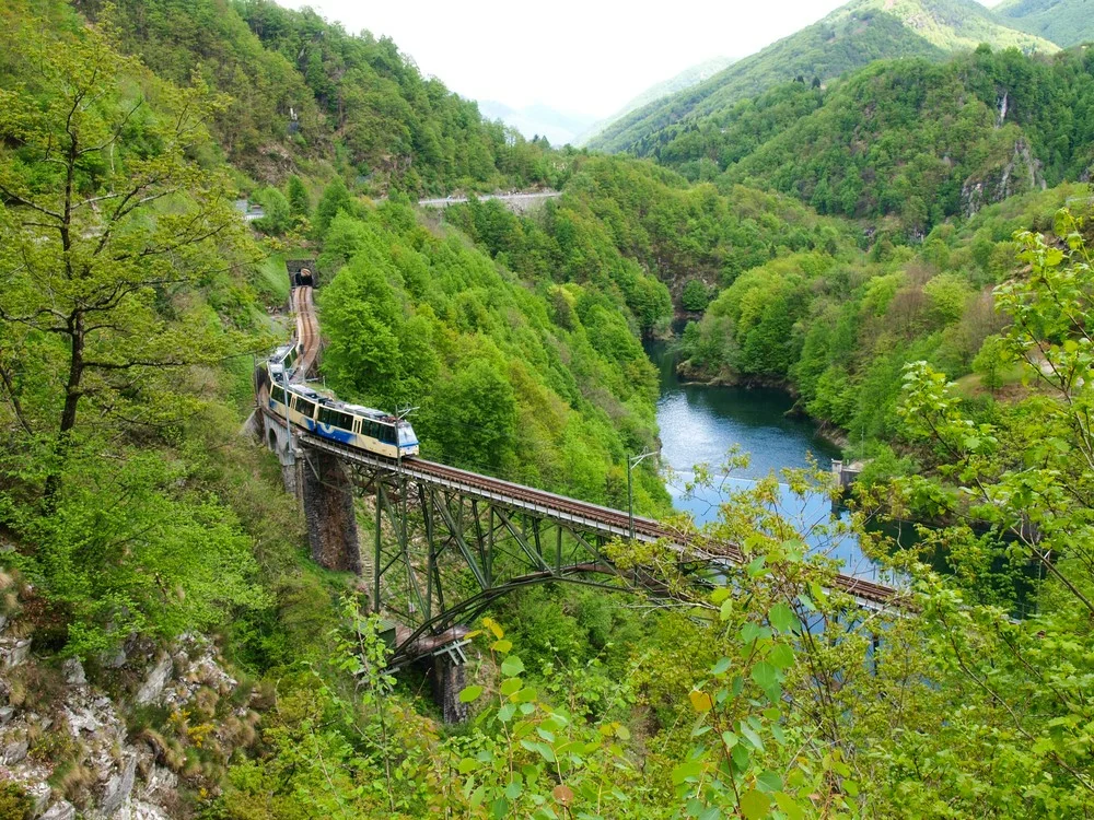 Panoramatog på en viadukt gennem en grøn flodkløft