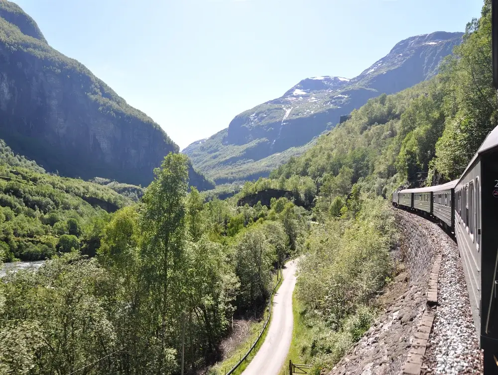 Udsigt fra Flåmsbanen ned gennem en grøn dal med bjerge i Norge